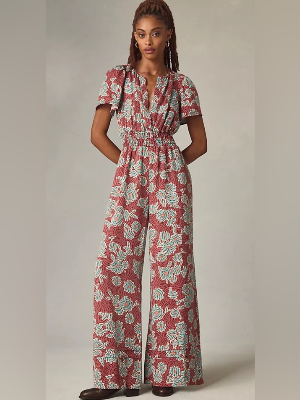 Anthropologie Rust Red and Cream Floral Wide-Leg Jumpsuit